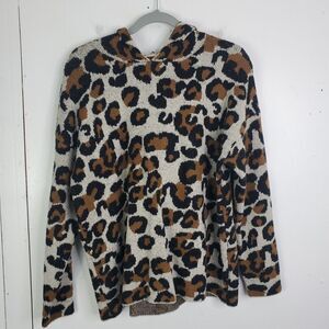 Chelsea Theodore Hoodie Sweater Womens L Leopard Heavy Knit Brown Stretchy Cozy